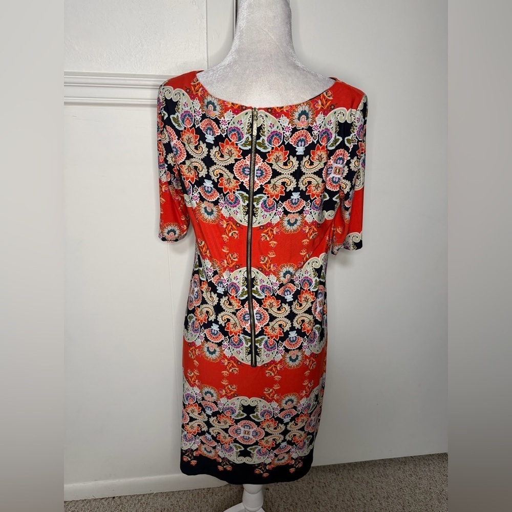 Eliza J Red orange and Black Patterned Midi Dress 12P - Picture 3 of 7